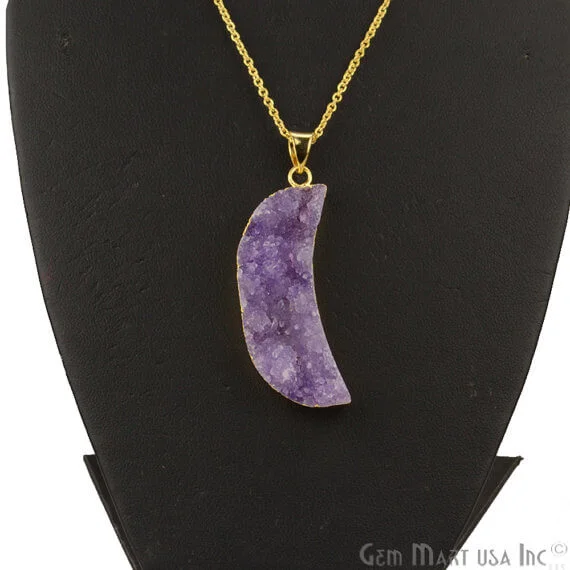 One Of A Kind Purple Rough Druzy 13X50mm Gold Electroplated 18 Inch Chain With Pendant