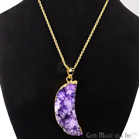 One Of A Kind Purple Rough Druzy 15X46mm Gold Electroplated 18 Inch Chain With Pendant