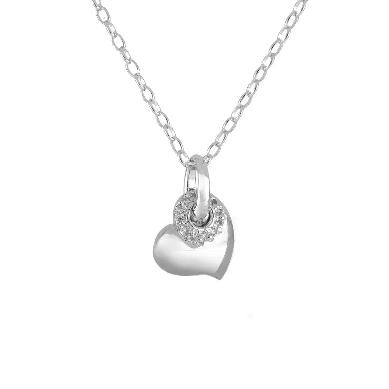 Puffed Heart Pendant W/ Pavé Necklace - Rhodium