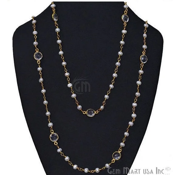 Pearl Necklace With Crystal Chain, 30 Inch Gold Plated Beaded Finished Necklace Jewelry