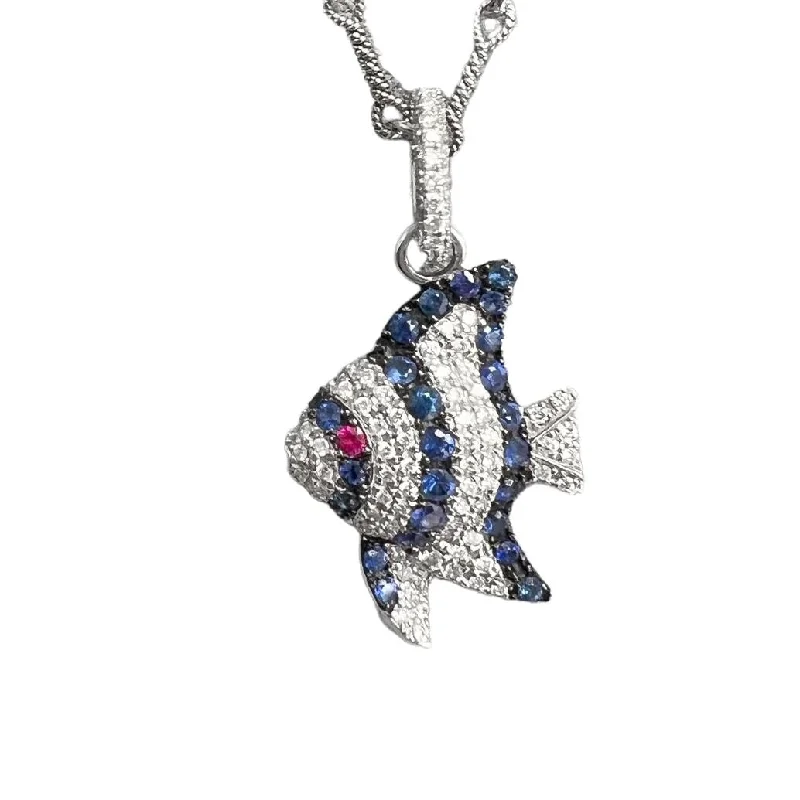 Pippo Perez 18k White Gold Diamond Sapphire Ruby Angel Fish Pendant 16" RARE