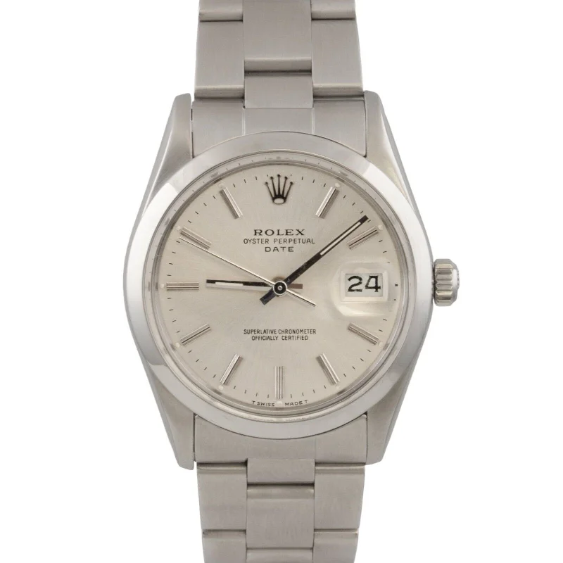 Rolex Oyster Perpetual Date Silver Dial Stainless Steel Smooth Bezel 34mm 15000