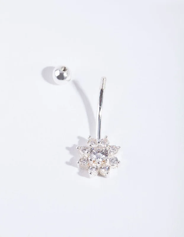 Sterling Silver Cubic Zirconia Floral Belly Bar