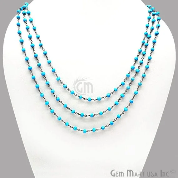 Turquoise 3-3.5mm Black Plated 18Inch Long Wire Wrapped Beads Necklace Chain