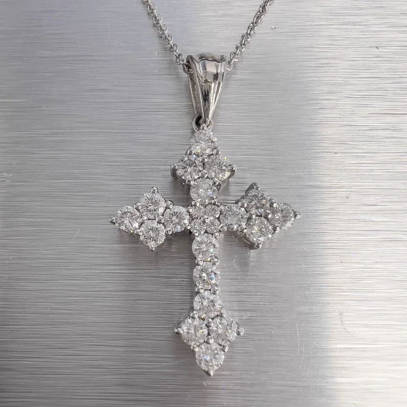 Vintage 18k White Gold 1.00" Diamond Cross 1.85ctw 16" 7.3g ITALY