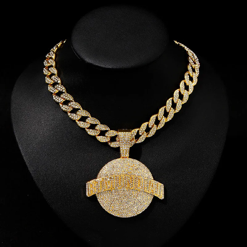 Wholesale Full Diamond Alloy Round Pendant Men's Necklace