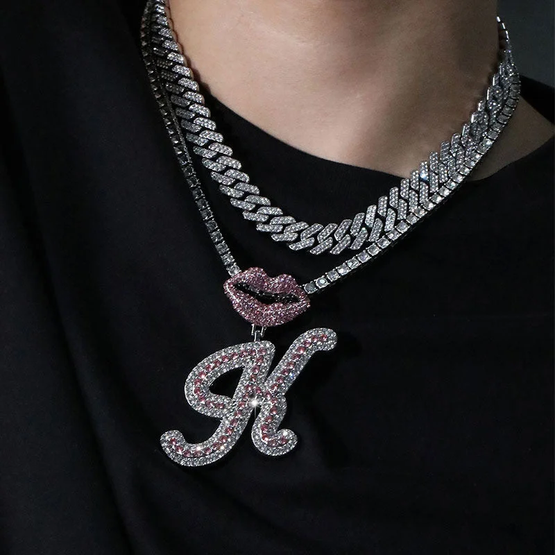 Wholesale Full Diamond Lips 26 Letters Pendant Necklace