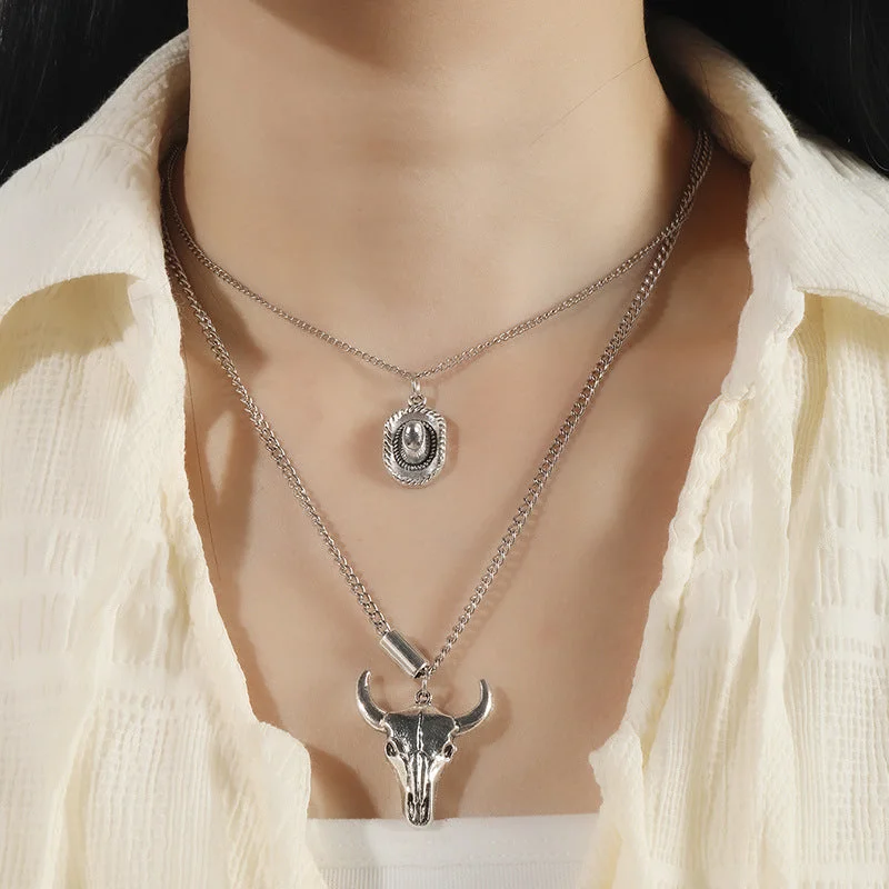 Wholesale Retro Hat Bull Head Pendant Double Chain Stacked Alloy Necklace