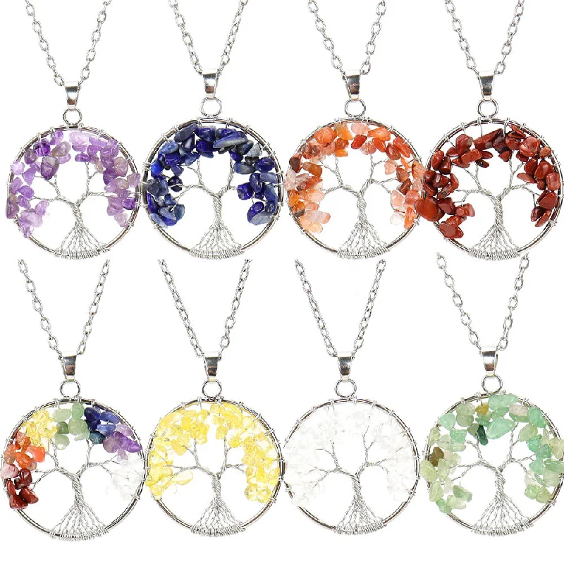 Wholesale Silver Hand-wound Colorful Crystal Gravel Tree of Life Necklace