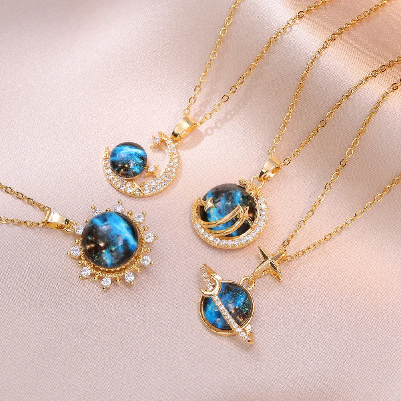 Wholesale Vintage Micropaved Zircon Star and Moon Blue Starry Sky Clavicle Chain