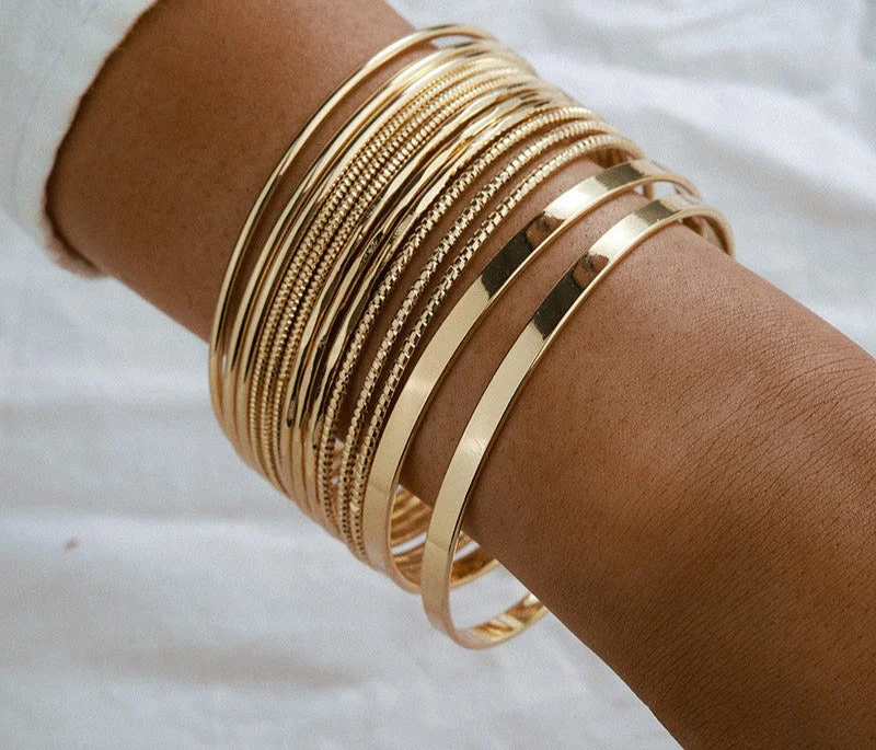 14pcs/sets Punk Gold Color Bracelets for Women Trendy Alloy Metal Bangle Bohemian Jewelry Accessories