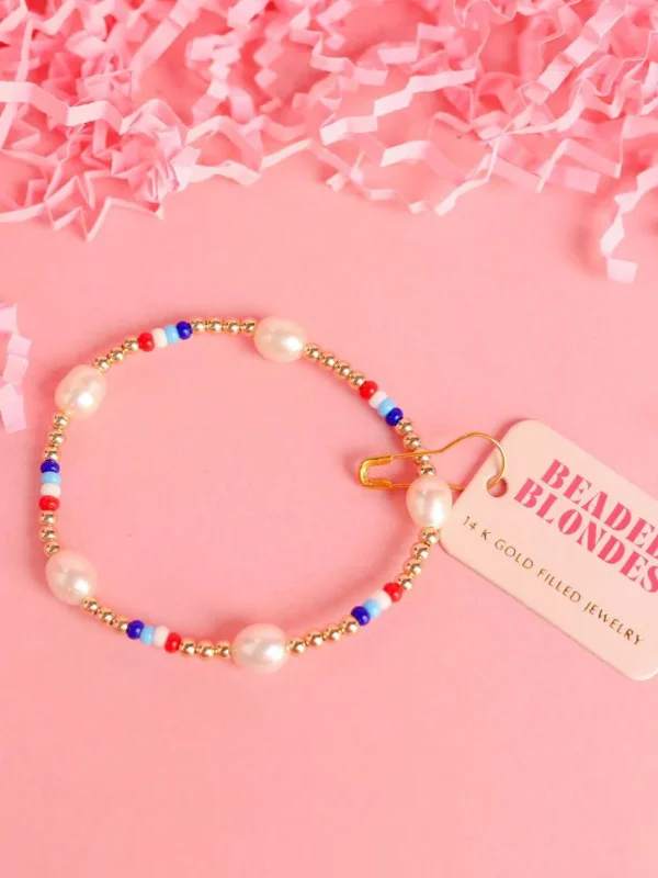 Red White and Blue Pearl Poppi Beaded Bracelet