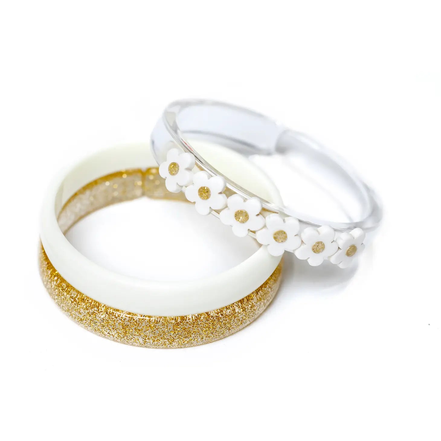 White Flowers + Gold Bangles  (Set of 3)